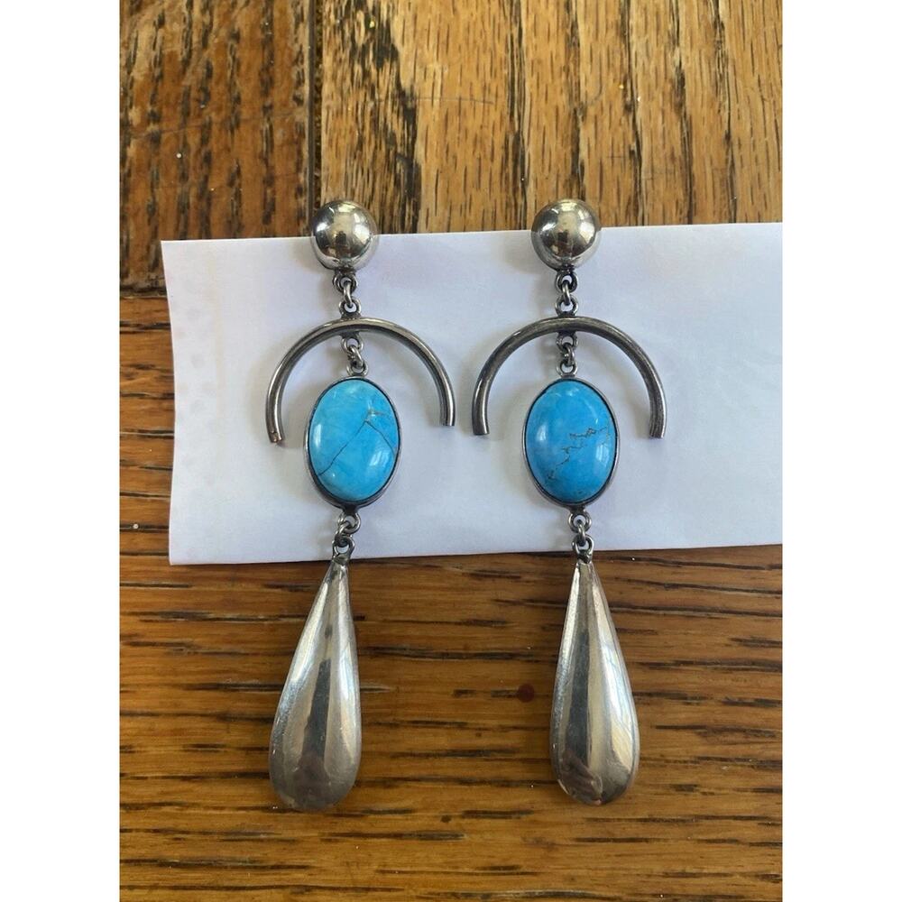 Vintage TAXCO Mexico Sterling Silver Turquoise Dangle Earrings 3.4” 22g TC 127 - Picture 2 of 8